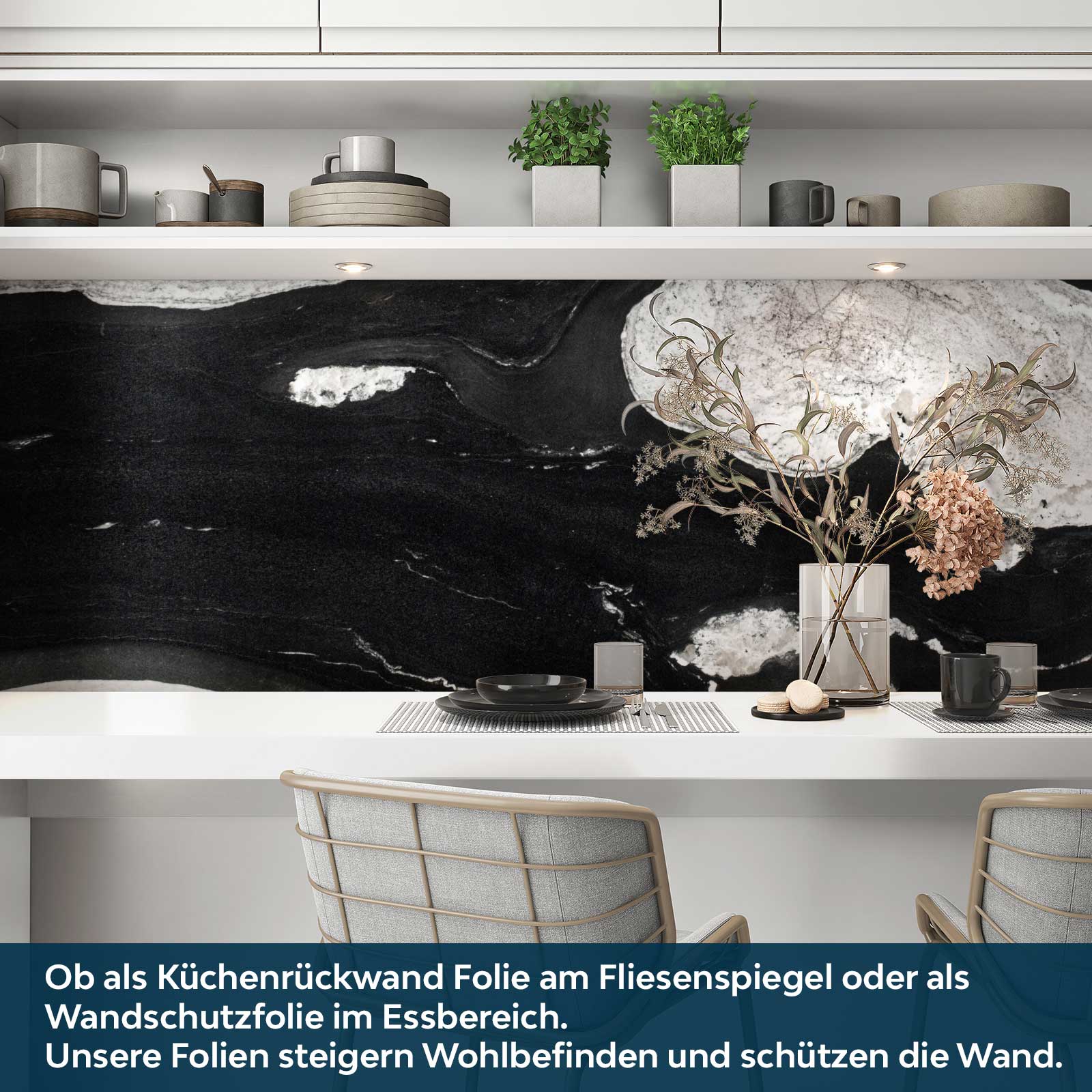 Küchenrückwand Folie Marmor schwarz & weiß